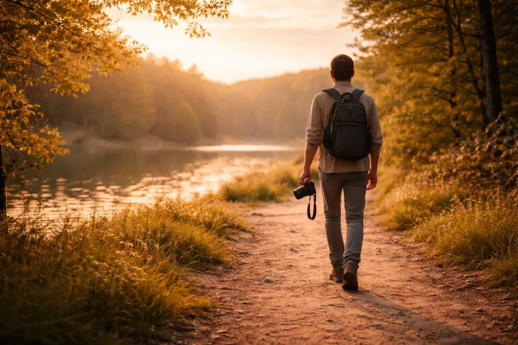 Person walking along a lakeside path at golden hour, holding a camera.